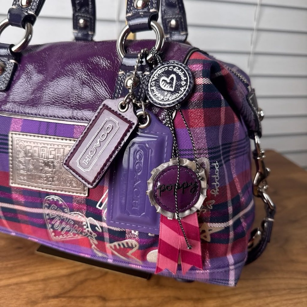 Coach Poppy Purple Tartan Plaid Satchel Limited Edition Hang Tags 15884 - Picture 4 of 16